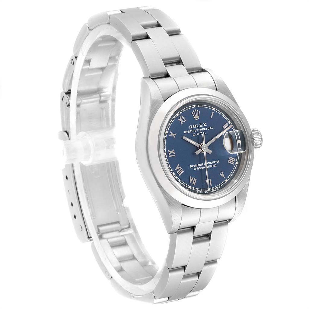 The image shows a side view of a Rolex Date 69160 Women
s Stainless Steel Blue Dial 69160 Women
s Stainless Steel Blue Dial model watch, highlighting its stainless steel bracelet and blue dial.