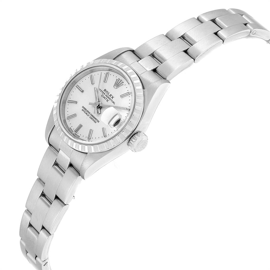 This Rolex Date 79240 Women's Stainless Steel Silver Dial 79240 Women's Stainless Steel Silver Dial model is shown from a side angle with a full view of its bracelet and dial.