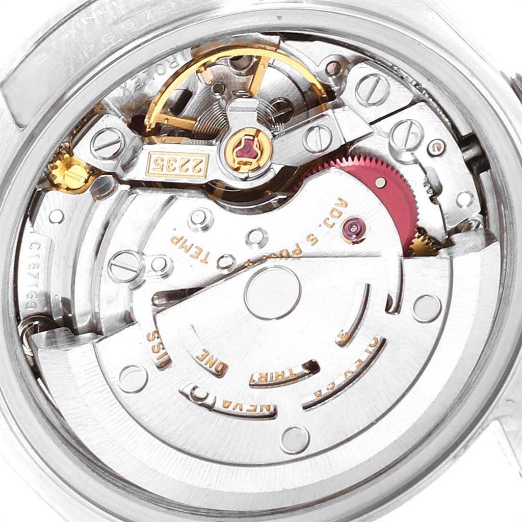 This image shows the internal mechanical movement of a Rolex Date 79240 Women's Stainless Steel Silver Dial 79240 Women's Stainless Steel Silver Dial model watch from a close-up angle.