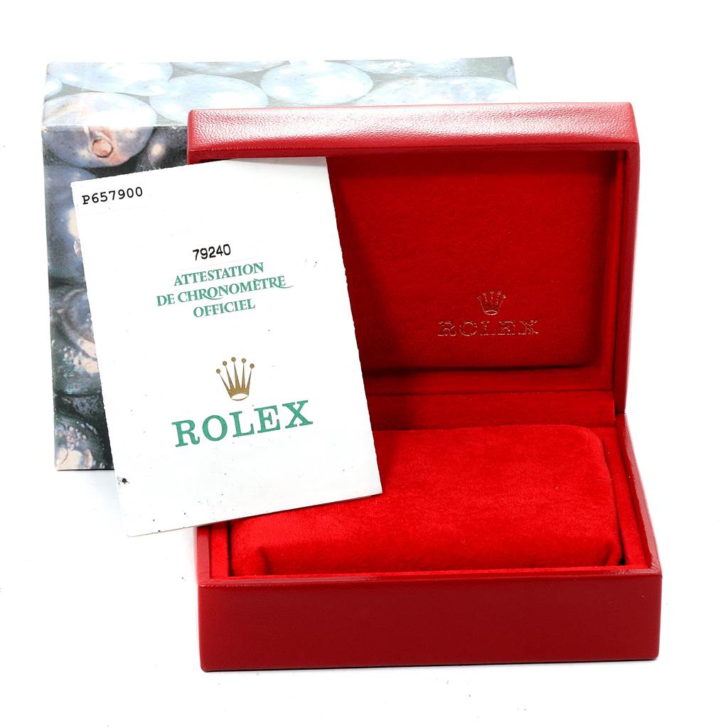 The image shows a Rolex Date 79240 Women's Stainless Steel Silver Dial 79240 Women's Stainless Steel Silver Dial model box, with the official chronometer certificate and part of the outer packaging visible.