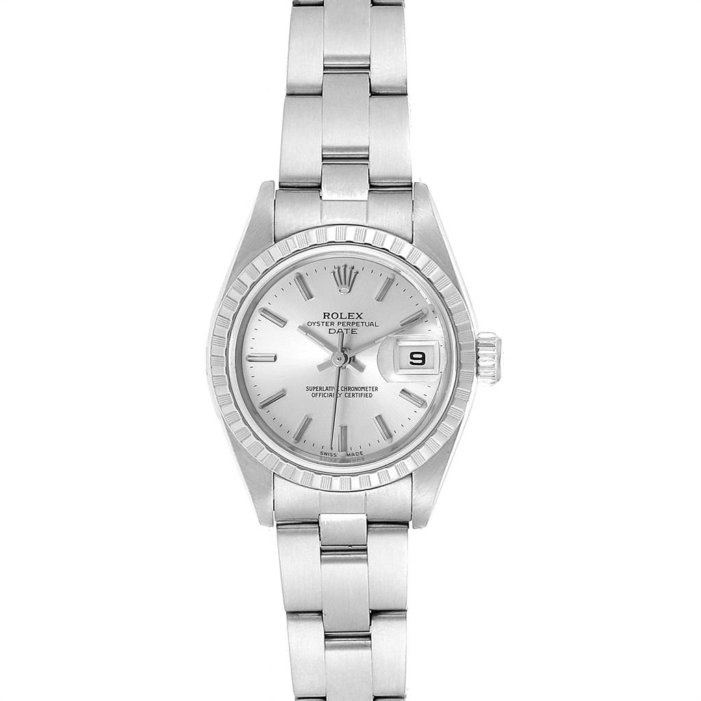 The Rolex Date 79240 Women's Stainless Steel Silver Dial 79240 Women's Stainless Steel Silver Dial model watch is shown from a top-down angle, displaying the face, bracelet, and crown.