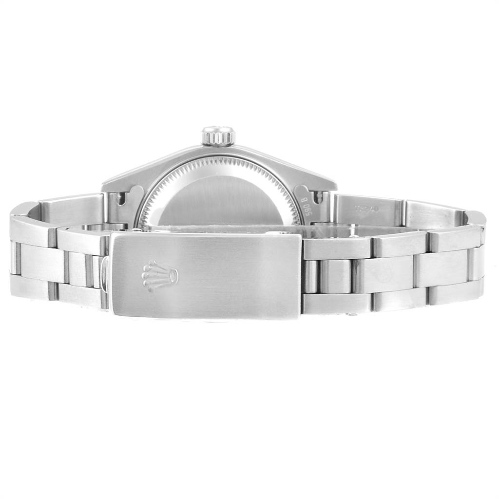 This image shows the back case and stainless steel bracelet of a Rolex Date 79190 Women
s Stainless Steel Pink Dial 79190 Women
s Stainless Steel Pink Dial model watch.