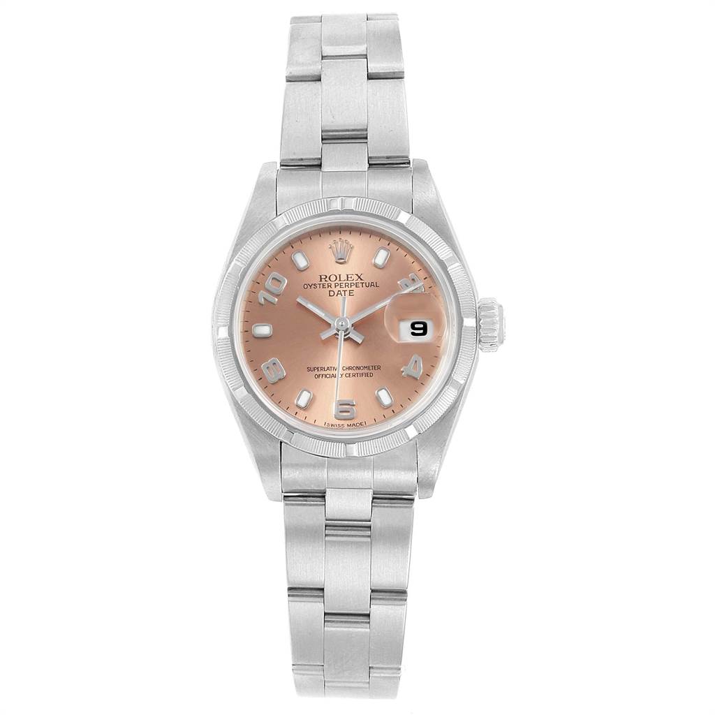 The image shows a front view of a Rolex Oyster Perpetual Date model, displaying its bracelet, dial, and date window.