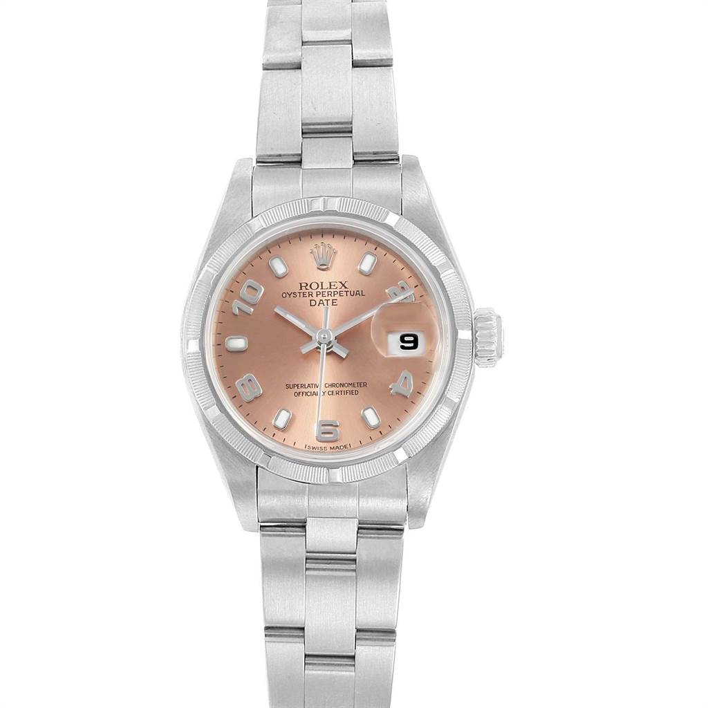 The Rolex Date 79190 Women
s Stainless Steel Pink Dial 79190 Women
s Stainless Steel Pink Dial model watch is shown from a straight-on angle, displaying the face, dial, and bracelet.