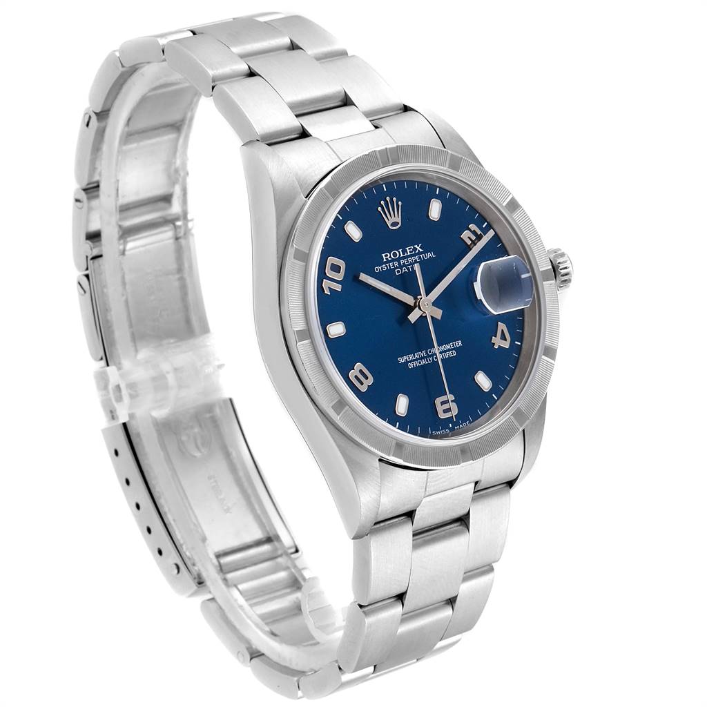 The Rolex Date 15210 Men's Stainless Steel Blue Dial 15210 Men's Stainless Steel Blue Dial model watch is shown at an angled view displaying its face, bezel, and bracelet.