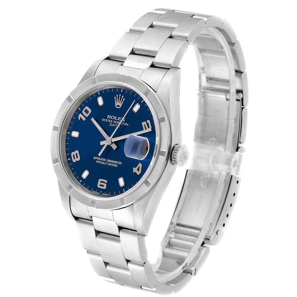 The image shows a Rolex Date 15210 Men's Stainless Steel Blue Dial 15210 Men's Stainless Steel Blue Dial model watch from a three-quarter angle, displaying the dial, bezel, crown, and bracelet.