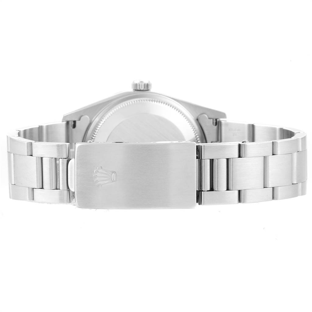 This image shows the back view of the Rolex Date 15210 Men's Stainless Steel Blue Dial 15210 Men's Stainless Steel Blue Dial model watch, highlighting its stainless steel bracelet and clasp.