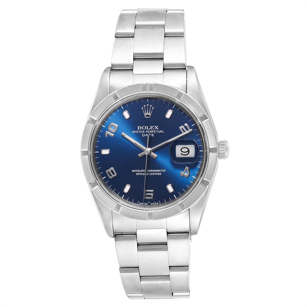 This image shows a Rolex Date 15210 Men's Stainless Steel Blue Dial 15210 Men's Stainless Steel Blue Dial model watch from the front, displaying its dial, date window, and bracelet.