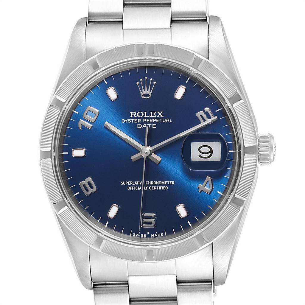 The image shows a front view of a Rolex Date 15210 Men's Stainless Steel Blue Dial 15210 Men's Stainless Steel Blue Dial model watch with a blue dial, silver markers, and a date magnifier at 3 o'clock.
