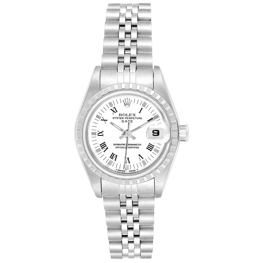 This Rolex Date 69240 Women's Stainless Steel White Dial 69240 Women's Stainless Steel White Dial watch is shown from a front angle, displaying the dial, bezel, bracelet, and crown.
