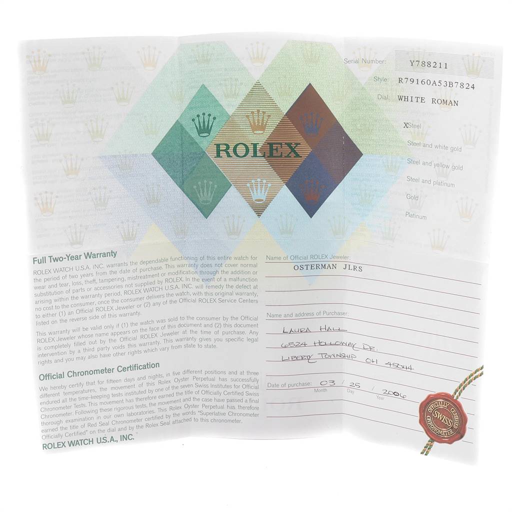 The image shows the warranty and certification papers for a Rolex Date 79160 Women
s Stainless Steel White Dial 79160 Women
s Stainless Steel White Dial model watch.