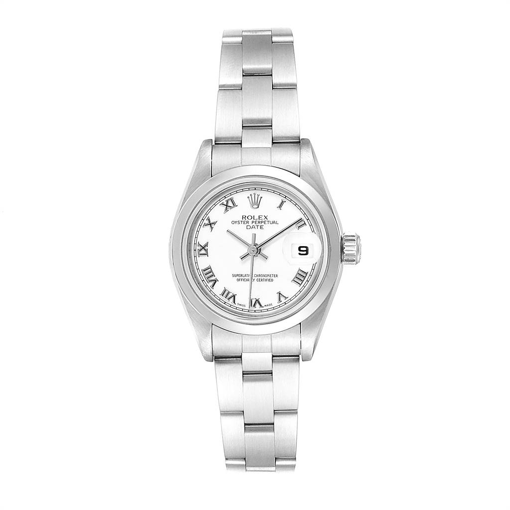 The watch is shown from a front angle, featuring the dial, bezel, case, crown, and bracelet; it
s a Rolex Date 79160 Women
s Stainless Steel White Dial 79160 Women
s Stainless Steel White Dial model.