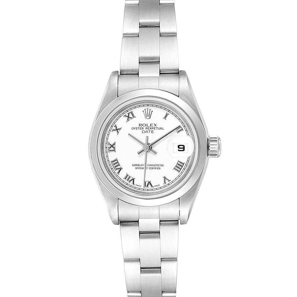 The image shows the front view of a Rolex Oyster Perpetual Date watch, highlighting its face, bracelet, and date display.
