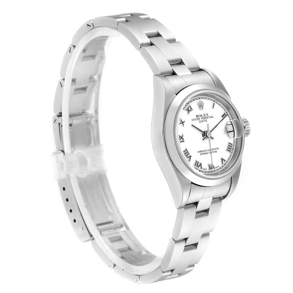The image shows a Rolex Date 79160 Women
s Stainless Steel White Dial 79160 Women
s Stainless Steel White Dial model watch at a 3/4 angle, highlighting its bracelet, case, dial, and date window.