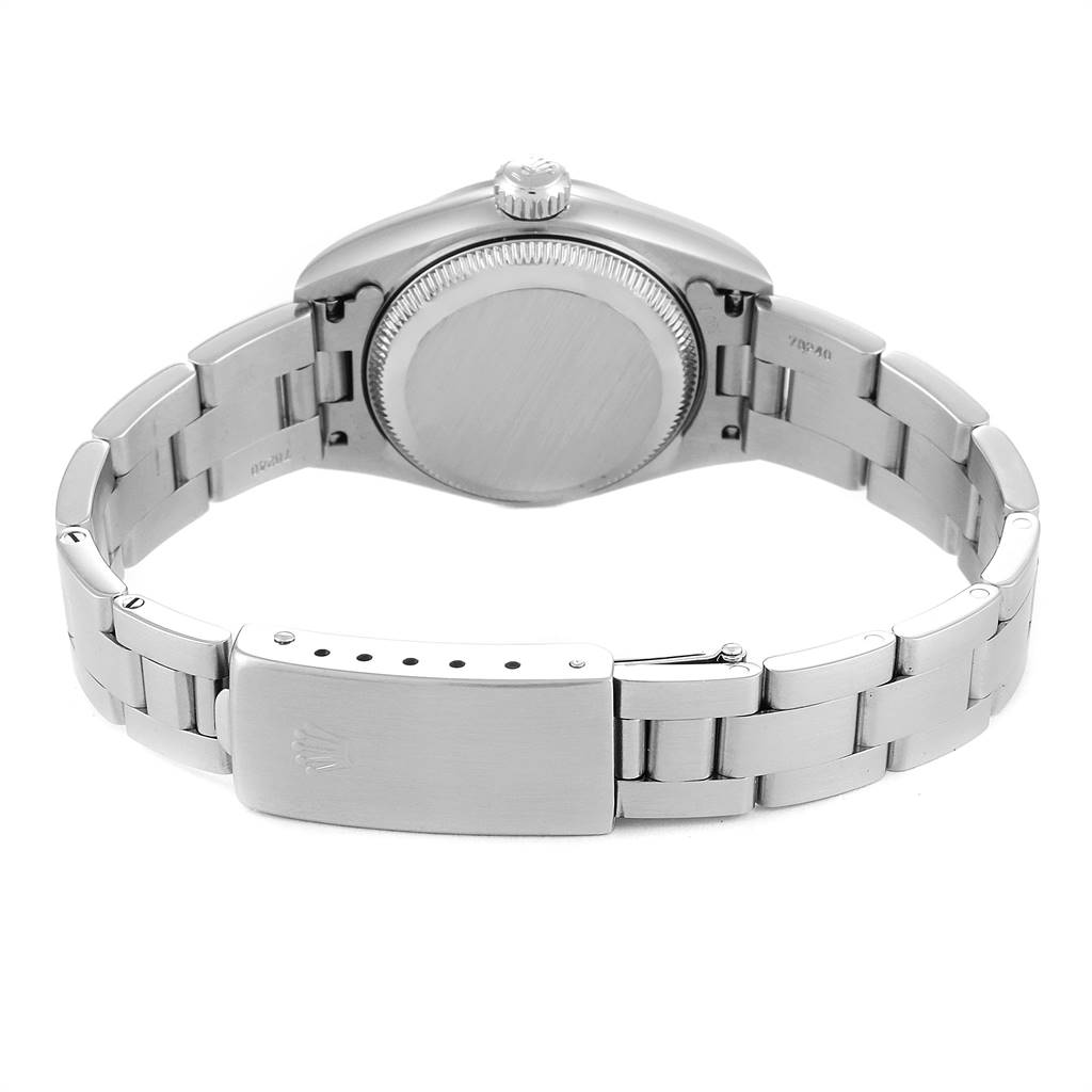 The image shows the back and clasp of the Rolex Date 79160 Women
s Stainless Steel White Dial 79160 Women
s Stainless Steel White Dial model watch from a rear angle.