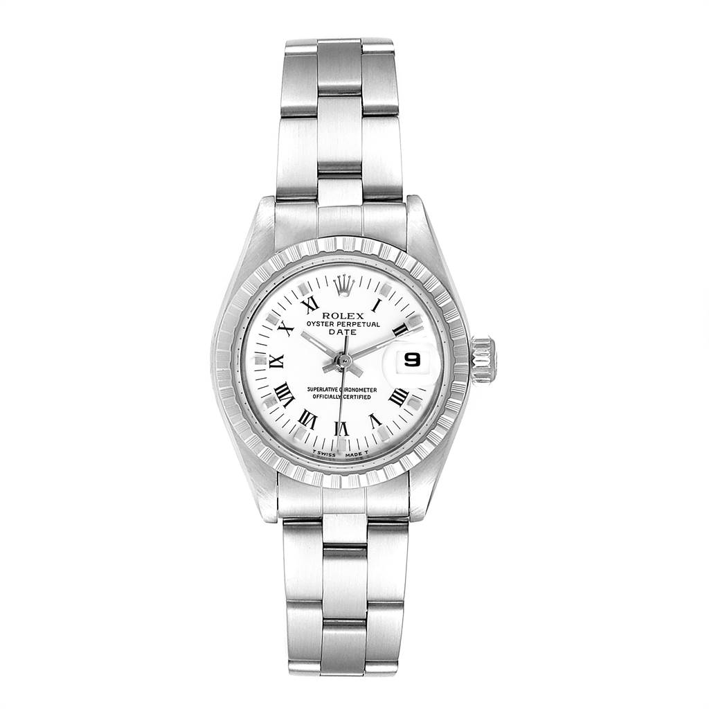 This image shows a frontal view of a Rolex Date 69240 Women's Stainless Steel White Dial 69240 Women's Stainless Steel White Dial model watch, highlighting its dial, bezel, and bracelet.