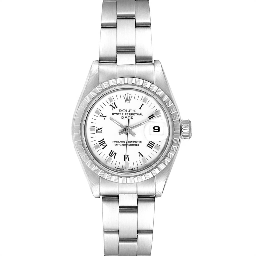 This image shows a front view of the Rolex Oyster Perpetual Date watch, showcasing its dial, bezel, crown, and bracelet.