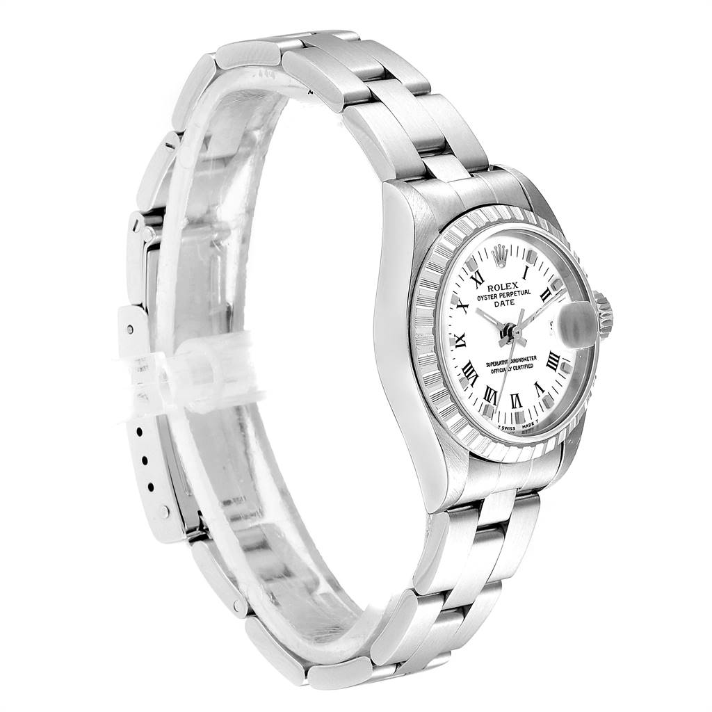 The image shows a Rolex Date 69240 Women's Stainless Steel White Dial 69240 Women's Stainless Steel White Dial model watch from an angled side view, displaying the bracelet, case, dial, and bezel.