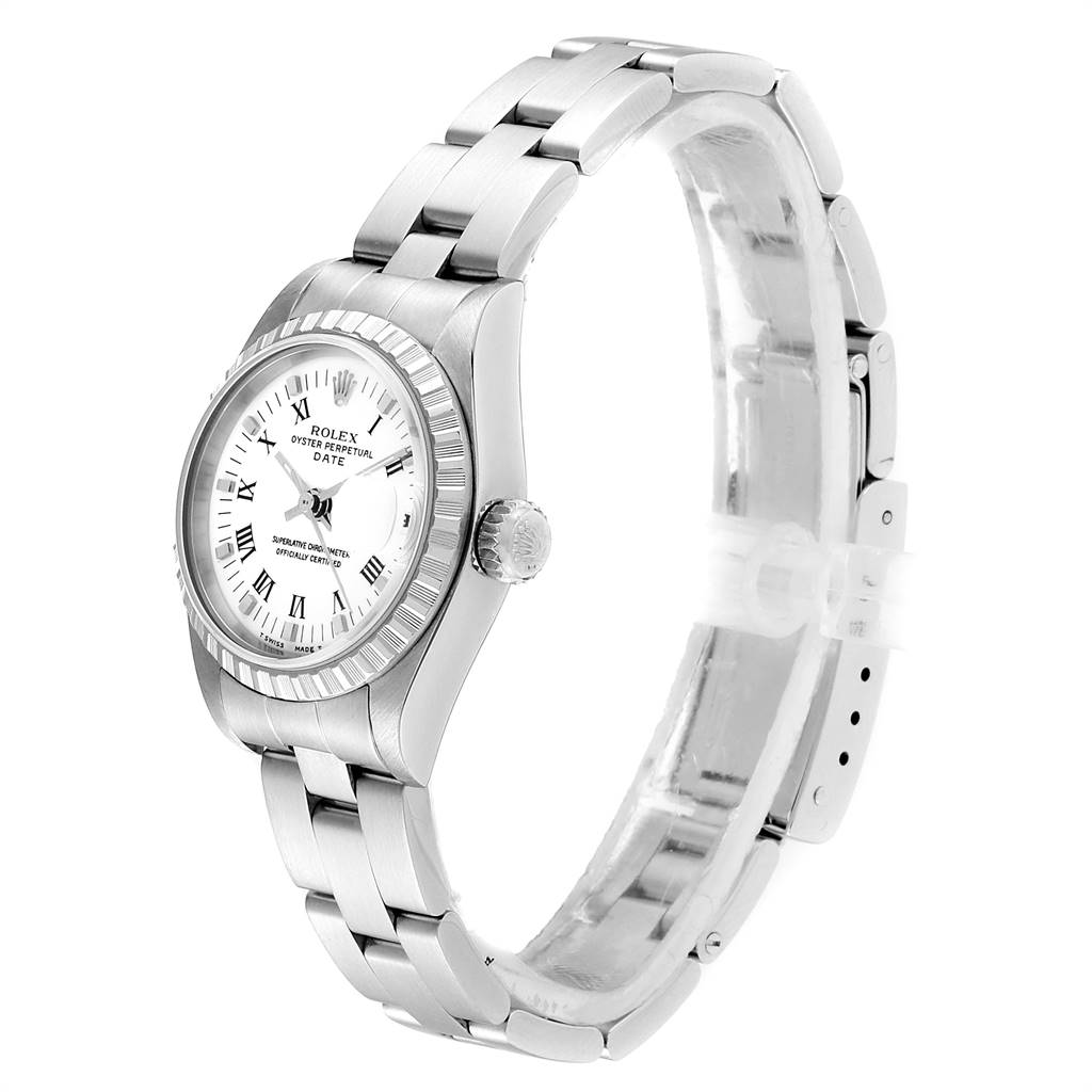 The image shows a side and partial front view of a Rolex Date 69240 Women's Stainless Steel White Dial 69240 Women's Stainless Steel White Dial model watch, featuring its bracelet and bezel.