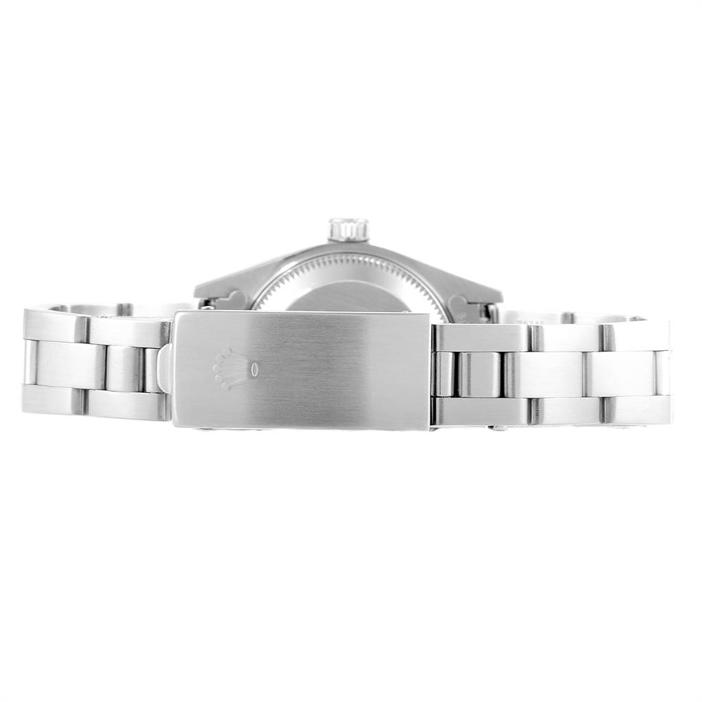 This image shows the clasp and part of the bracelet of a Rolex Date 69240 Women's Stainless Steel White Dial 69240 Women's Stainless Steel White Dial watch from the back angle.