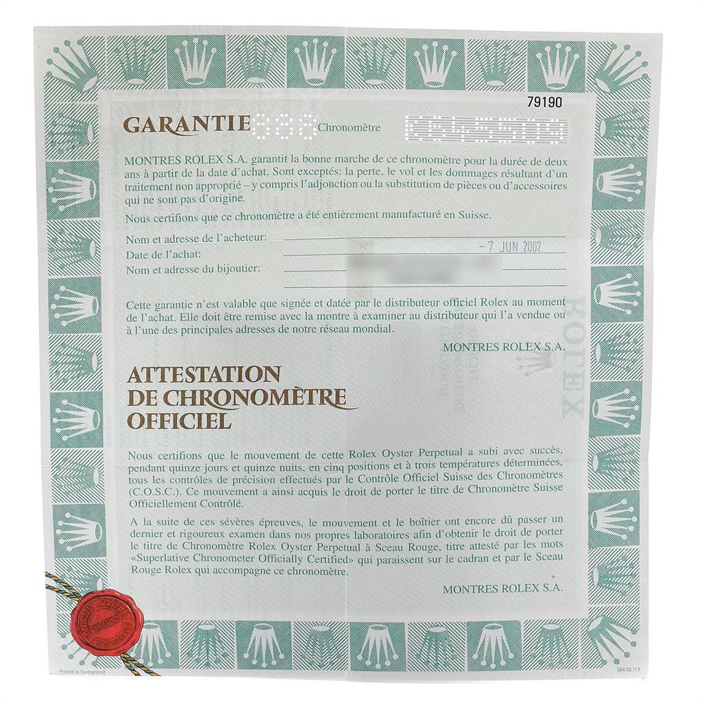 The image displays the warranty certificate for the Rolex Date 79190 Women
s Stainless Steel White Dial 79190 Women
s Stainless Steel White Dial model, showing details about certification and Best Quality
ity.