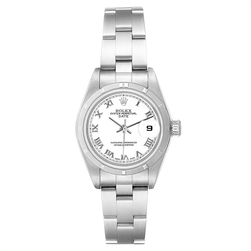 The image shows a front view of a Rolex Date 79190 Women
s Stainless Steel White Dial 79190 Women
s Stainless Steel White Dial model watch, highlighting its face, bezel, bracelet, and date display.