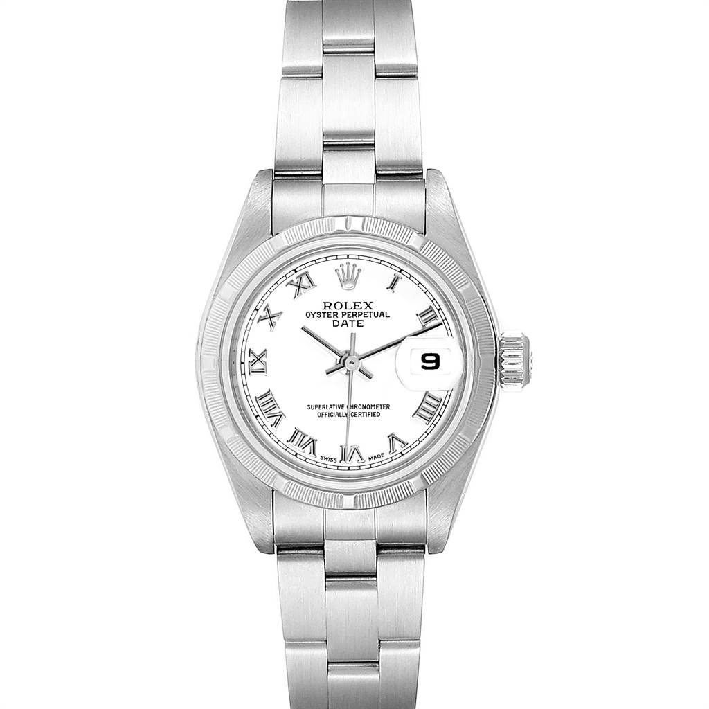 The image shows a Rolex Date 79190 Women
s Stainless Steel White Dial 79190 Women
s Stainless Steel White Dial model watch from a front view, featuring its dial, case, bezel, and bracelet.