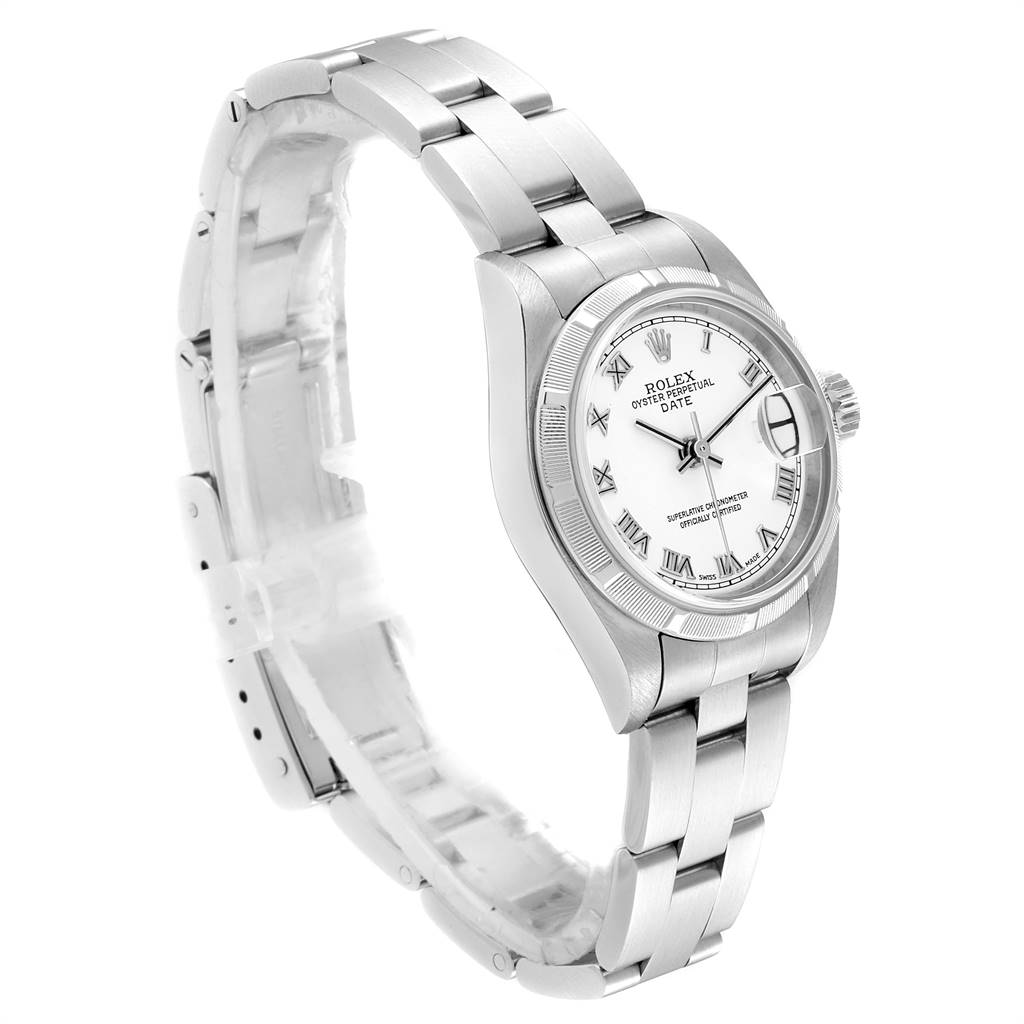 The image shows a Rolex Date 79190 Women
s Stainless Steel White Dial 79190 Women
s Stainless Steel White Dial model watch from a side angle, highlighting its bracelet, case, dial, and crown.