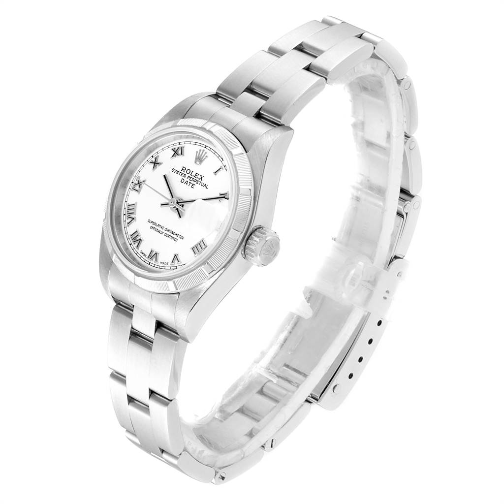 The Rolex Date 79190 Women
s Stainless Steel White Dial 79190 Women
s Stainless Steel White Dial model watch is shown at a 45-degree angle, displaying the face, bezel, crown, and bracelet.