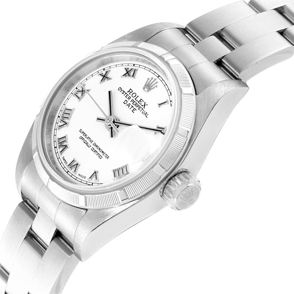 The image shows a Rolex Date 79190 Women
s Stainless Steel White Dial 79190 Women
s Stainless Steel White Dial model watch at an angled view, highlighting the dial, crown, and bracelet.