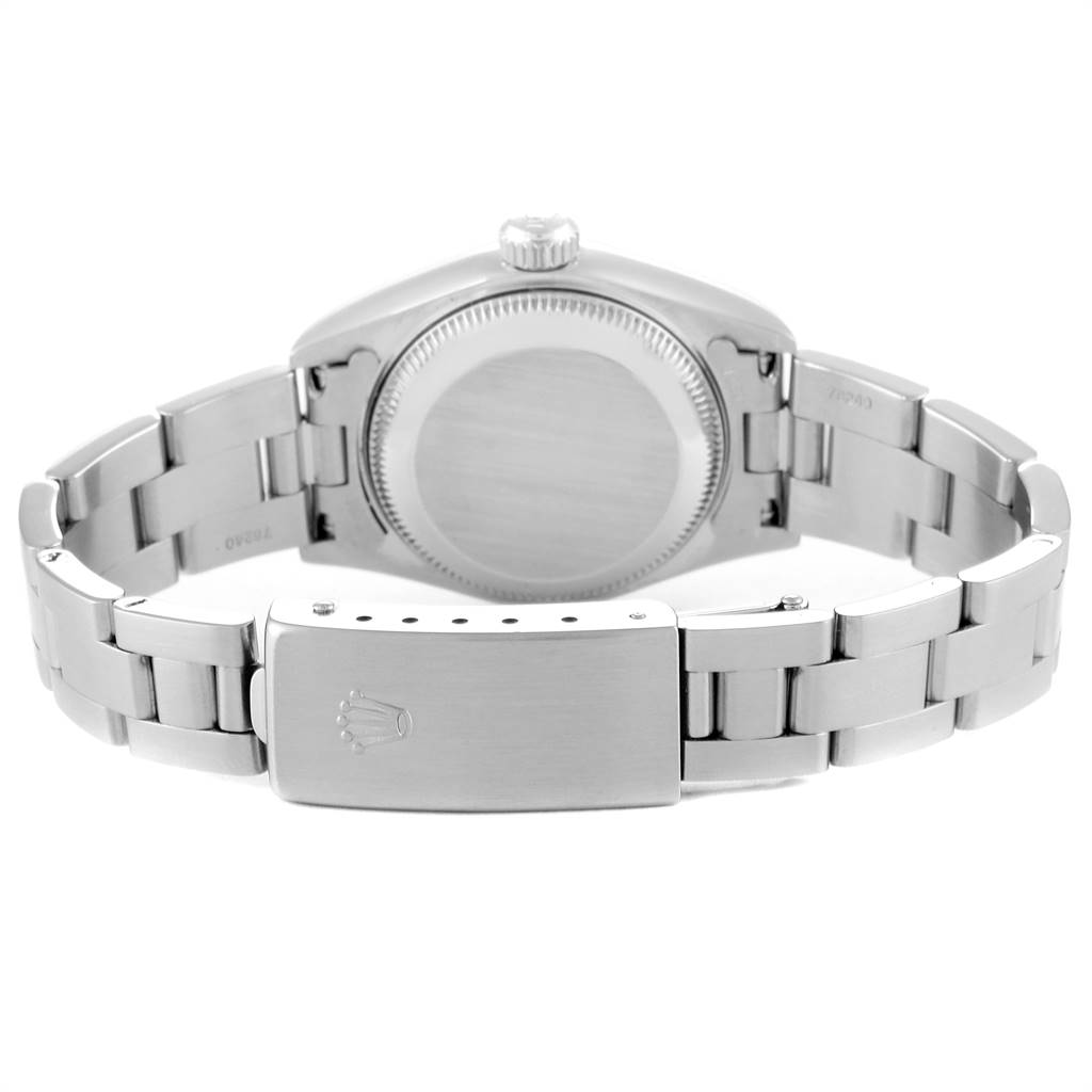 The image shows the back angle of the Rolex Date 79190 Women
s Stainless Steel White Dial 79190 Women
s Stainless Steel White Dial model watch, highlighting the clasp, bracelet, and case back.