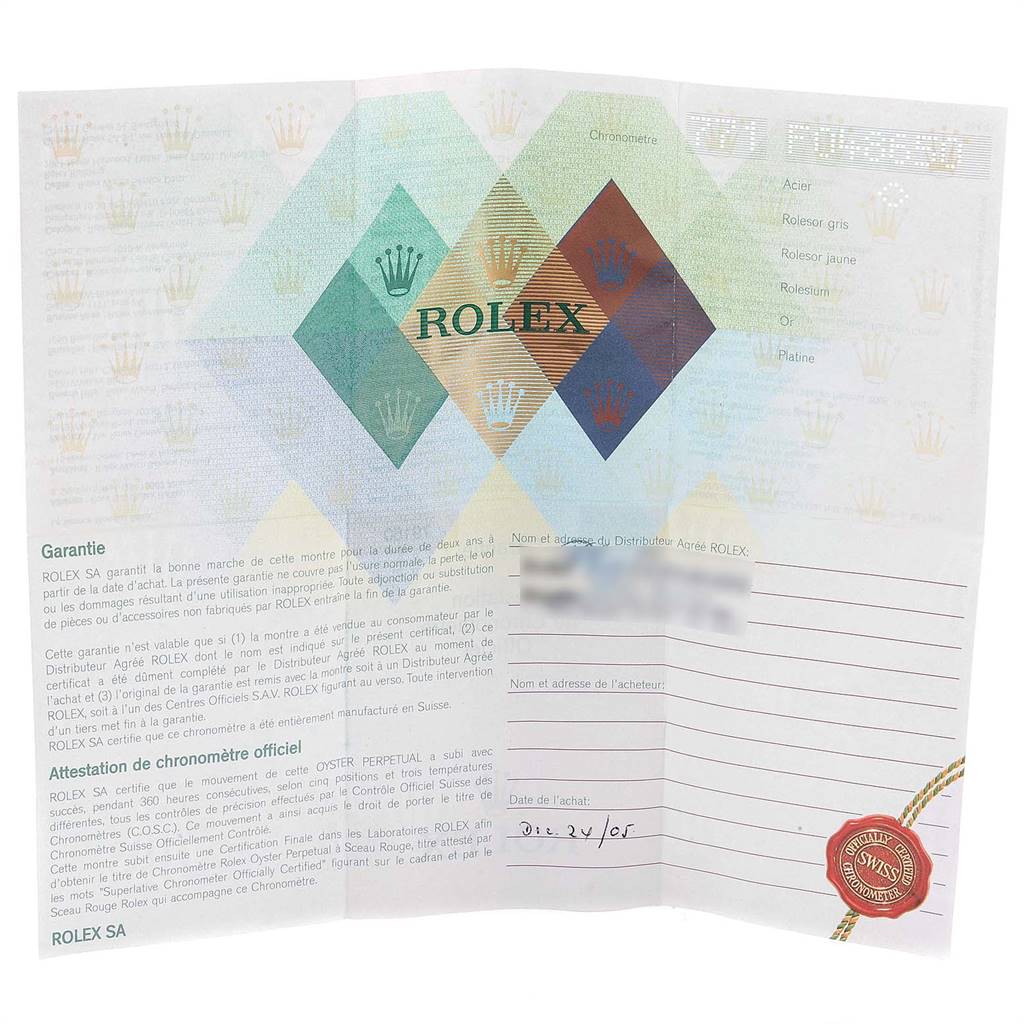 The image shows the certificate and guarantee paperwork for the Rolex Date 79160 Women
s Stainless Steel Blue Dial 79160 Women
s Stainless Steel Blue Dial model.