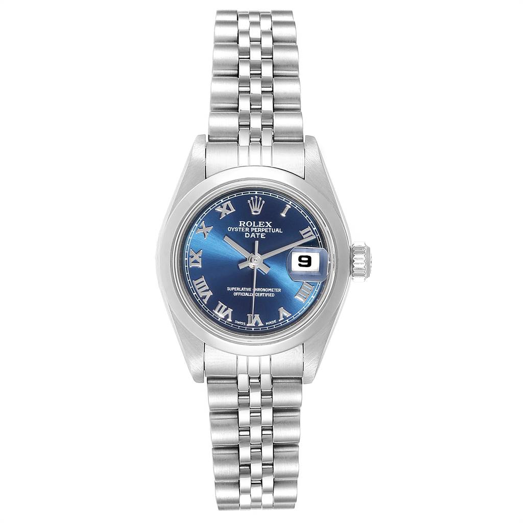 The image shows a Rolex Date 79160 Women
s Stainless Steel Blue Dial 79160 Women
s Stainless Steel Blue Dial model watch viewed from the front, displaying the face, bezel, bracelet, and crown.