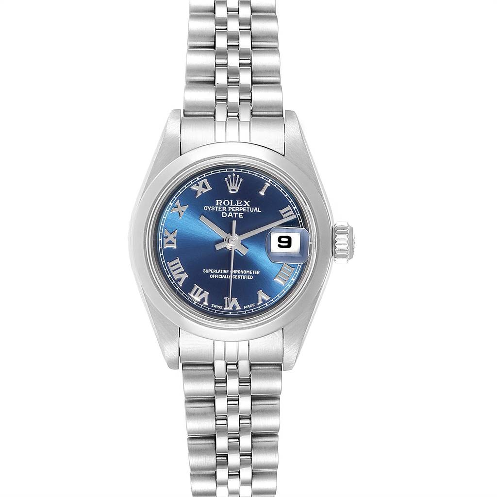 This is a Rolex Date 79160 Women
s Stainless Steel Blue Dial 79160 Women
s Stainless Steel Blue Dial model watch shown from a top-down angle, displaying the dial, case, and bracelet.