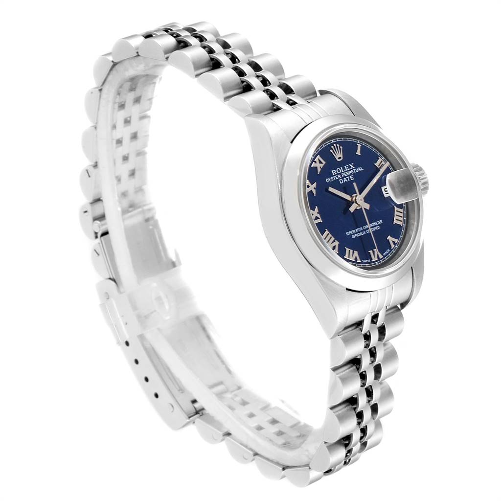 The image shows a side view of a Rolex Date 79160 Women
s Stainless Steel Blue Dial 79160 Women
s Stainless Steel Blue Dial model watch, featuring its stainless steel bracelet and blue dial.