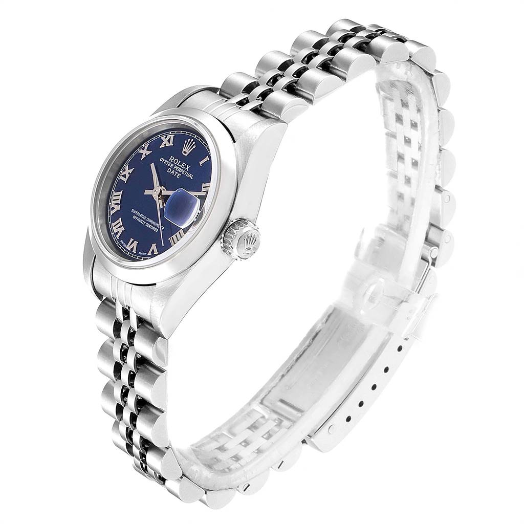 The image shows an angled side view of a Rolex Date 79160 Women
s Stainless Steel Blue Dial 79160 Women
s Stainless Steel Blue Dial model watch, highlighting the bezel, crown, dial, and bracelet.