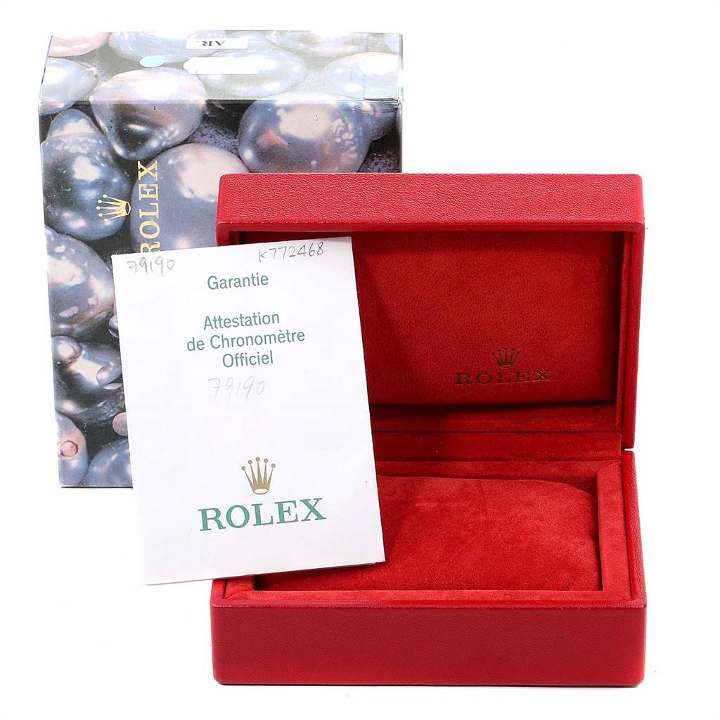 The image shows the box, warranty card, and packaging for a Rolex Date 79190 Women
s Stainless Steel Pink Dial 79190 Women
s Stainless Steel Pink Dial model watch.