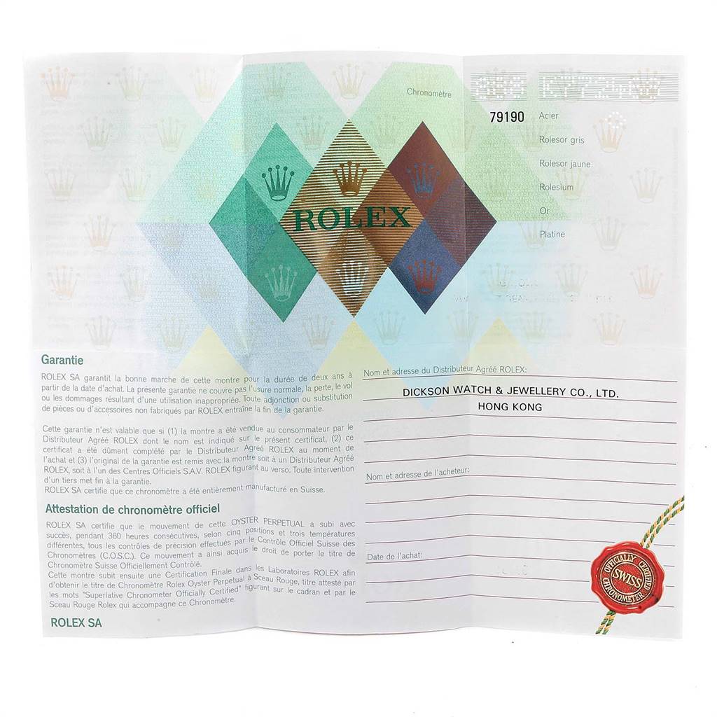 The image shows the warranty certificate for a Rolex Date 79190 Women
s Stainless Steel Pink Dial 79190 Women
s Stainless Steel Pink Dial model watch.