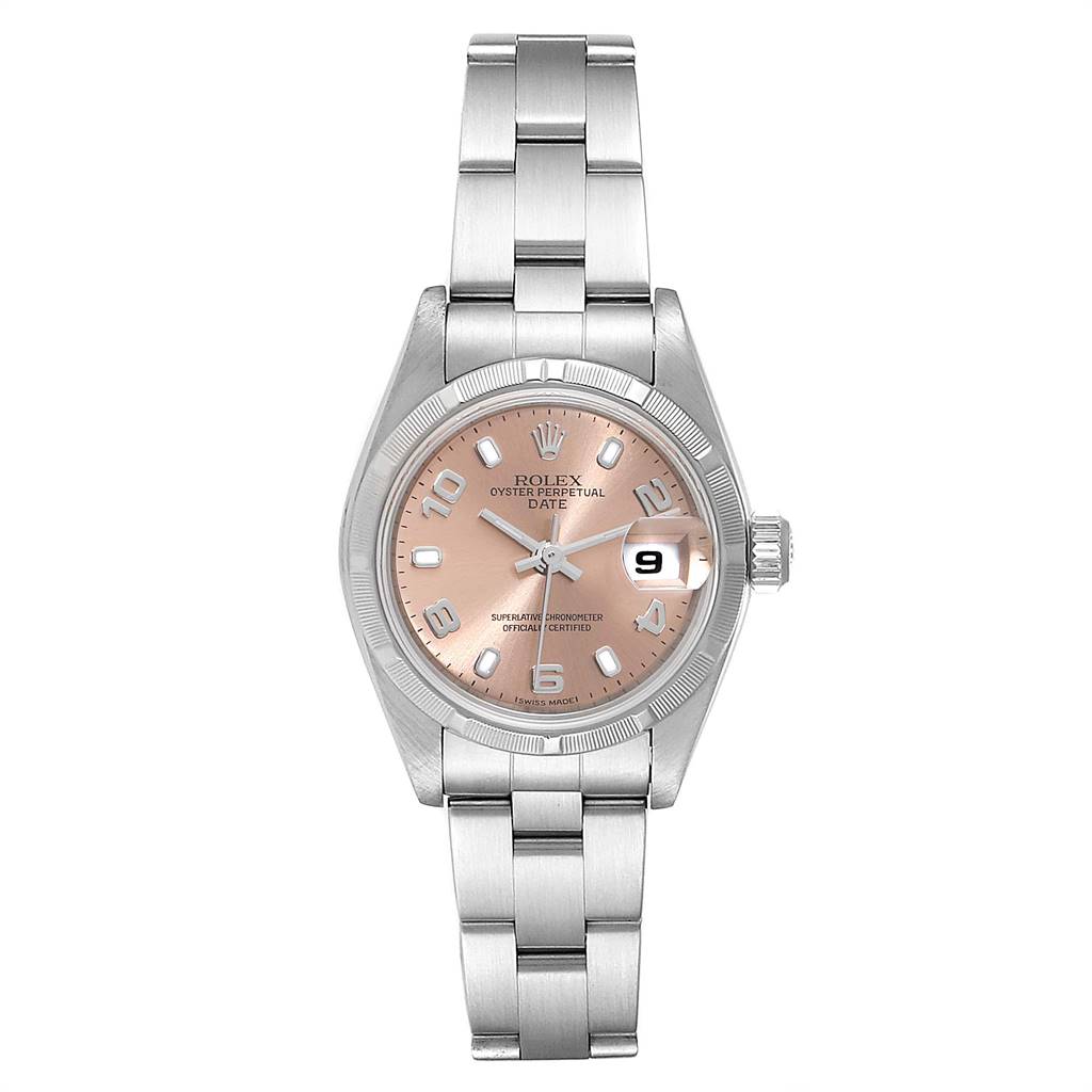 This is a front view of a Rolex Date 79190 Women
s Stainless Steel Pink Dial 79190 Women
s Stainless Steel Pink Dial model watch, showing the full bracelet, case, dial, and date window.