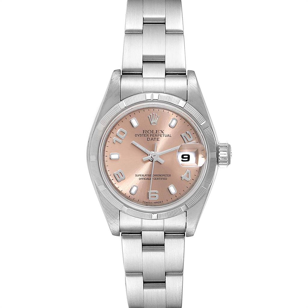 This image shows a front view of a Rolex Oyster Perpetual Date watch, displaying the dial, hands, date window, and bracelet.