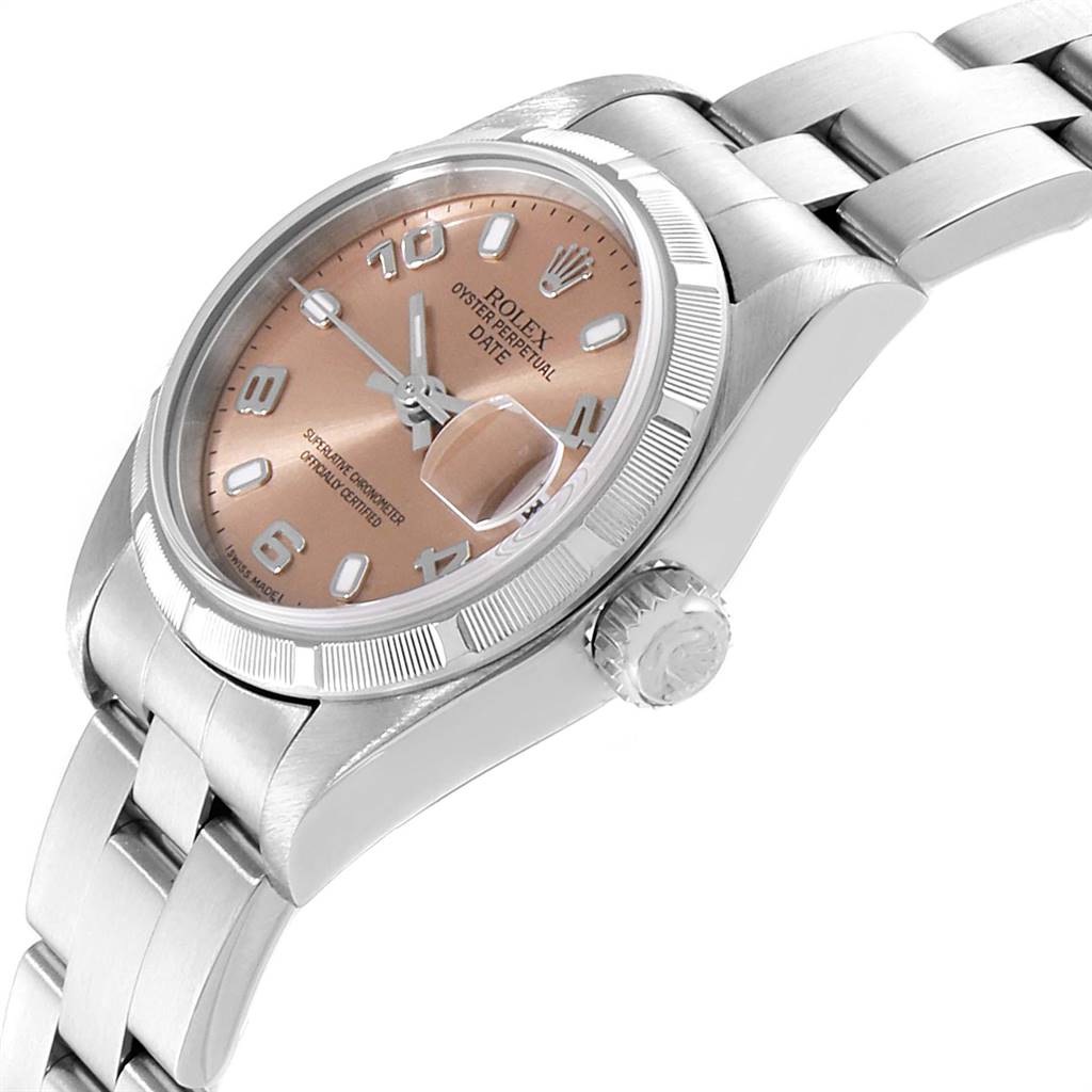 The Rolex Date 79190 Women
s Stainless Steel Pink Dial 79190 Women
s Stainless Steel Pink Dial is shown at an angle highlighting the dial, case, bezel, crown, and bracelet.