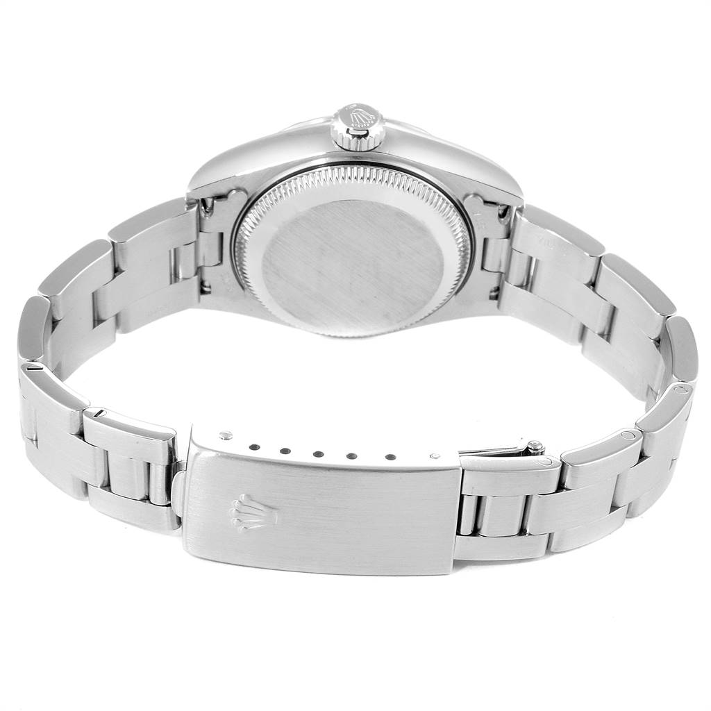 This image shows the back view of a Rolex Date 79190 Women
s Stainless Steel Pink Dial 79190 Women
s Stainless Steel Pink Dial model watch, including the caseback, crown, and stainless steel bracelet with clasp.