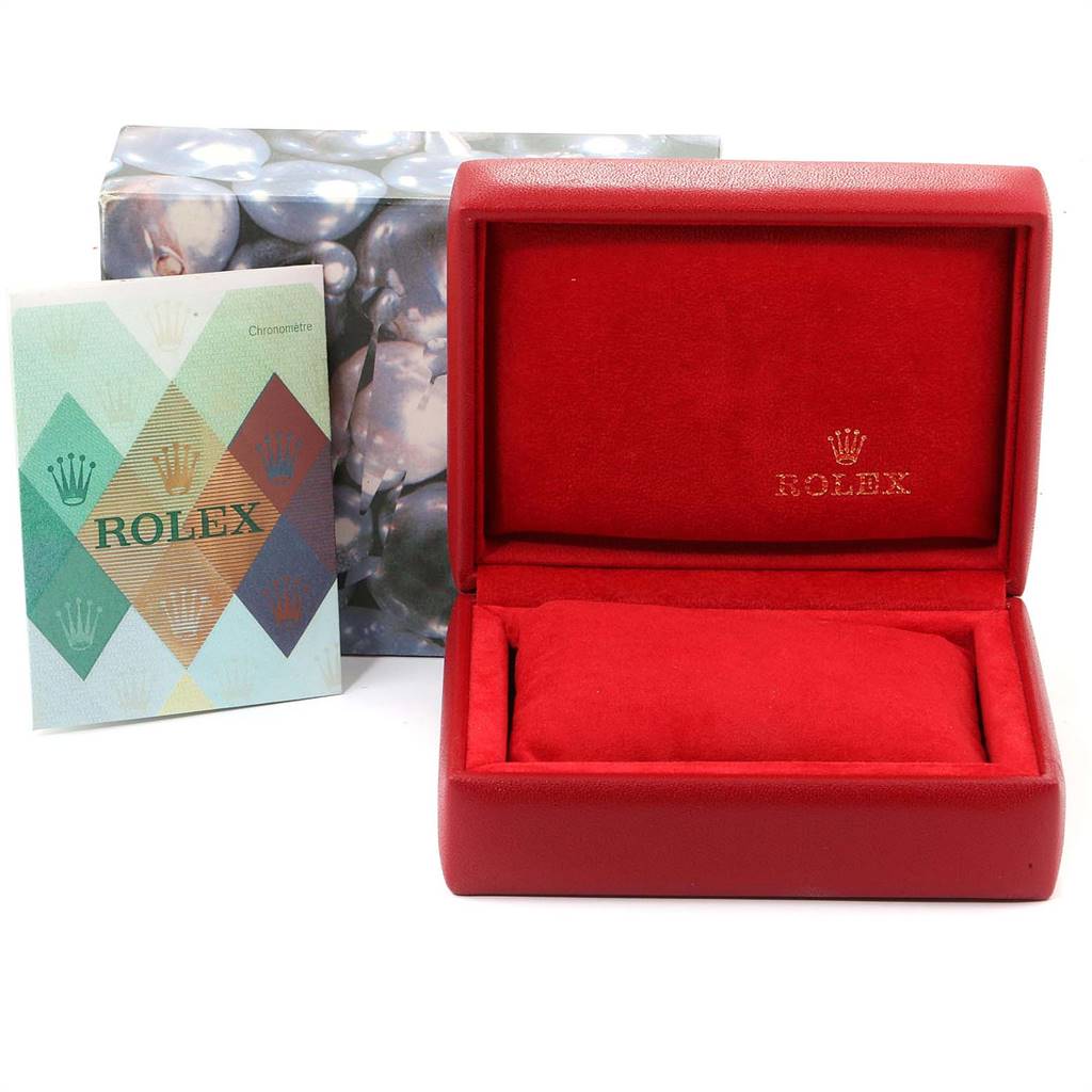 The image shows a Rolex Date 79160 Women's Stainless Steel White Dial 79160 Women's Stainless Steel White Dial model watch box and a booklet from a frontal angle.