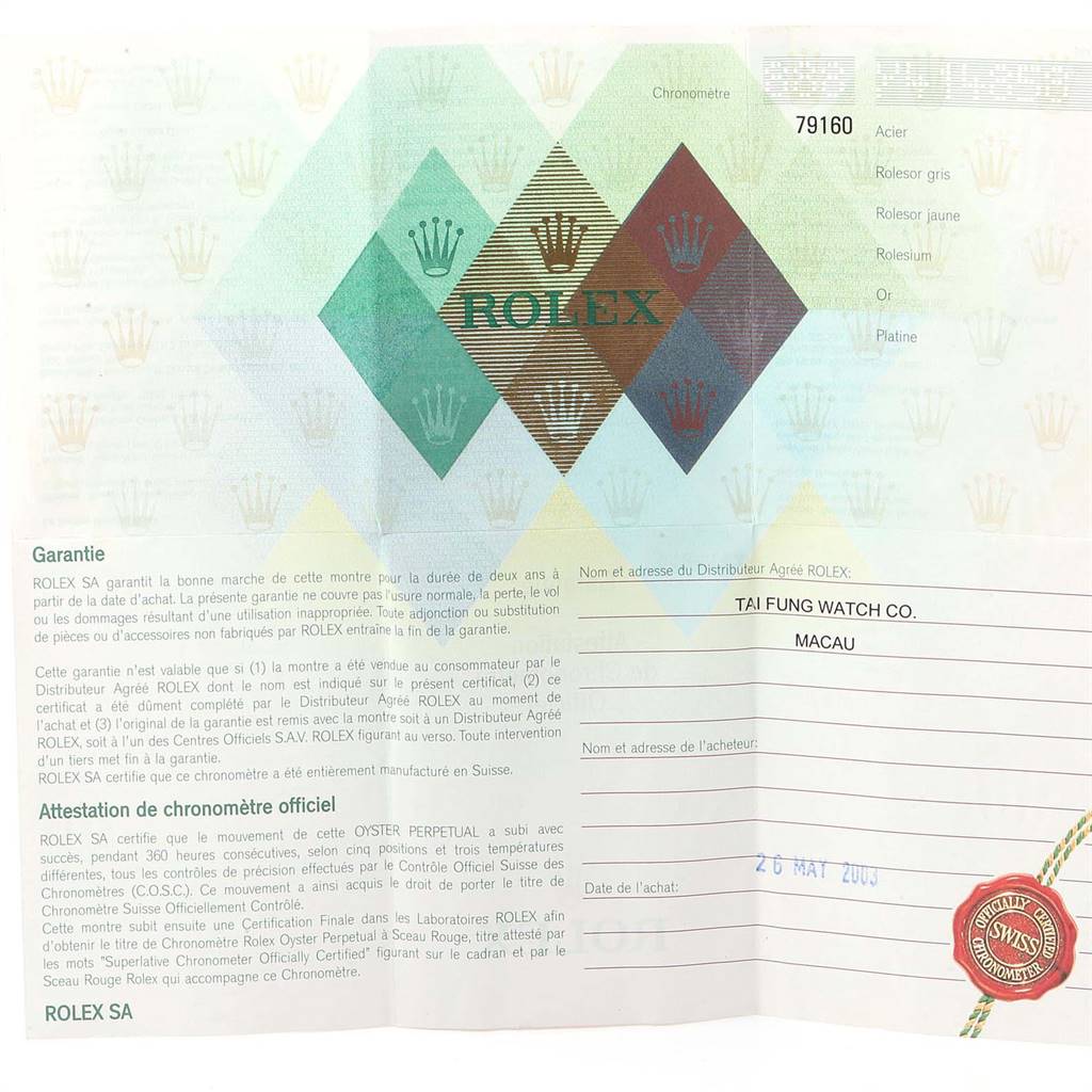 This image shows the warranty certificate and official chronometer certification for a Rolex Date 79160 Women's Stainless Steel White Dial 79160 Women's Stainless Steel White Dial model watch.