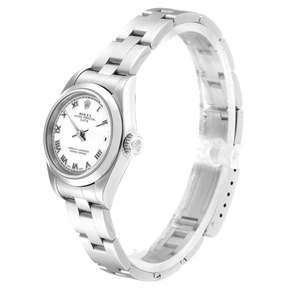 The image shows a side angle of a Rolex Date 79160 Women's Stainless Steel White Dial 79160 Women's Stainless Steel White Dial model watch, displaying the bracelet, case, crown, and dial.