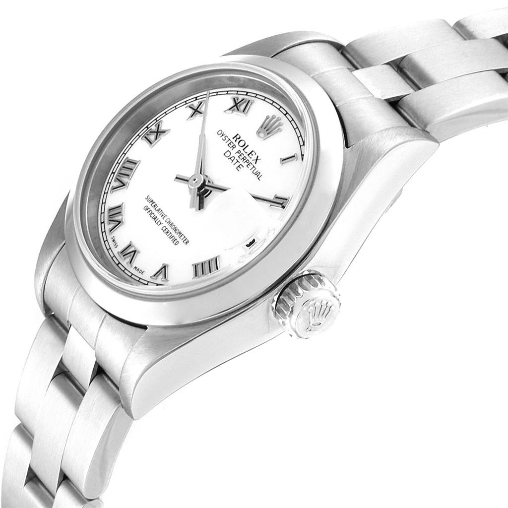 The image shows a Rolex Date 79160 Women's Stainless Steel White Dial 79160 Women's Stainless Steel White Dial model watch from a slight side angle, highlighting the dial, bezel, crown, and part of the bracelet.