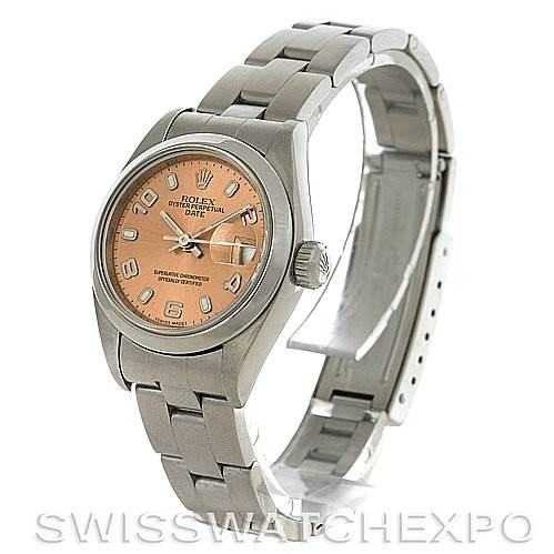 This image shows a Rolex Date 79160 Women's Stainless Steel Pink Dial 79160 Women's Stainless Steel Pink Dial model watch from a side angle, highlighting the face, crown, and bracelet.