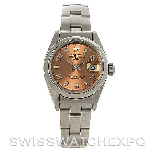The image shows a front view of a Rolex Date 79160 Women's Stainless Steel Pink Dial 79160 Women's Stainless Steel Pink Dial model watch, displaying its face, dial, hands, date window, and bracelet.