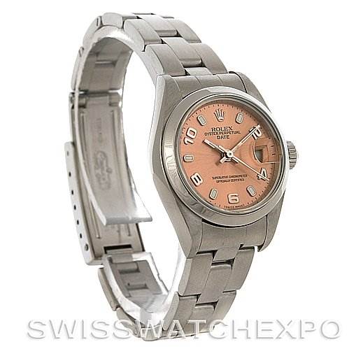 This image shows a Rolex Date 79160 Women's Stainless Steel Pink Dial 79160 Women's Stainless Steel Pink Dial model watch from an angled side view, highlighting the watch face, bracelet, and clasp.