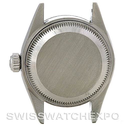 The image shows the back view of a Rolex Date 79160 Women's Stainless Steel Pink Dial 79160 Women's Stainless Steel Pink Dial watch case, highlighting the case back and crown.